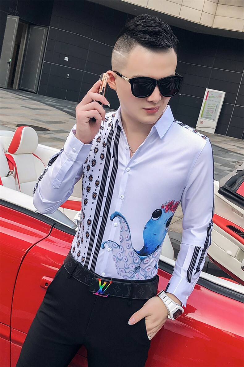 2021春秋衬衫社会男长袖上衣印花男装韩版修身四季潮流衬衣Q631-P55,男装衬衫,星座419（原A233）