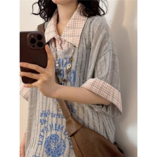 夏季美式复古字母涂鸦POLO领假两件罩衫短袖T恤上衣女潮TX749，男装T恤，星座208-5