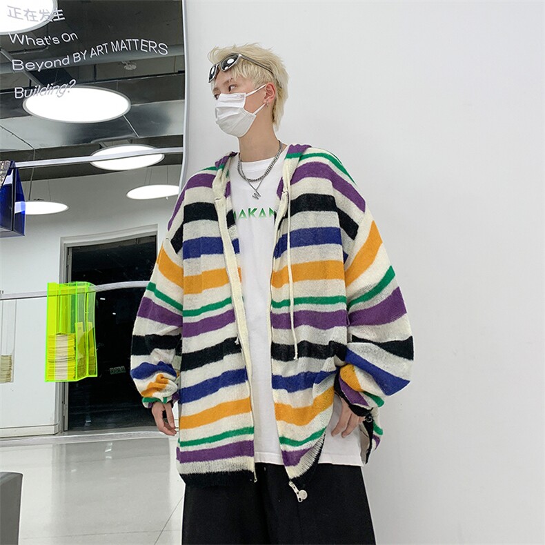 多巴胺开衫毛衣男女条纹连帽韩版2023秋冬新款ins针织衫MZ015-P50,男装针织衫/毛衣,星座412-3