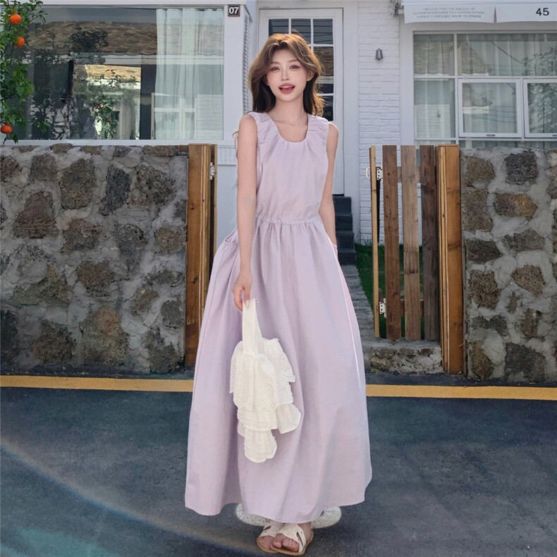 紫色温柔风别致漂亮连衣裙女2025夏季新款海岛度假收腰无袖A字裙图片