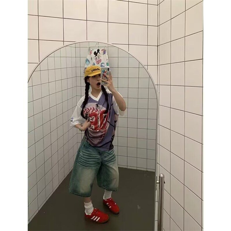 青少年美式复古街头球衣短袖t恤男女潮牌V领印花宽松运动休闲上衣,男装T恤,星座506A