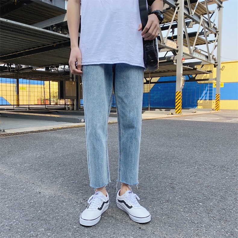 港风简约百搭毛边牛仔裤男 夏季韩版直筒小脚九分裤K903/P55图片