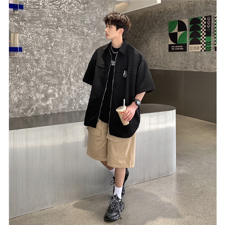 港风华夫格短袖衬衫男大码金属纽扣装饰短袖衬衣DCS8769P45控68,男装衬衫,星座226-1