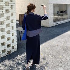藏青色假两件卫衣套装裙女2025秋季新款超好看学院风半身裙两件套，女装套装/套裙，2C129