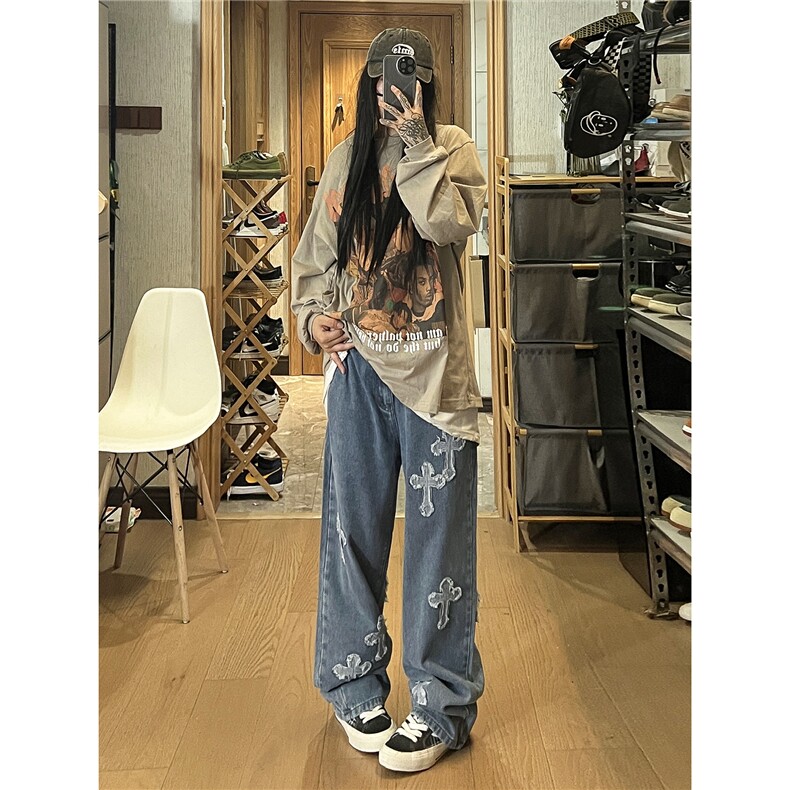 2026秋季新款美式十字架贴布刺绣牛仔裤女模XZ604-KN08-P65控78,男装牛仔裤,星座604