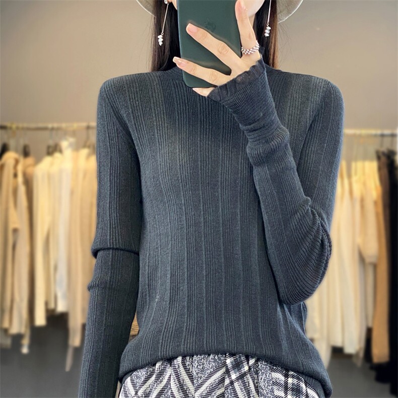 春秋打底衫精纺100%羊毛衫女半高领蕾丝边套头毛衣内搭薄针织上衣,针织衫/毛衣,凯思米羊绒