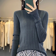 春秋打底衫精纺100%羊毛衫女半高领蕾丝边套头毛衣内搭薄针织上衣，女装针织衫/毛衣，凯思米羊绒