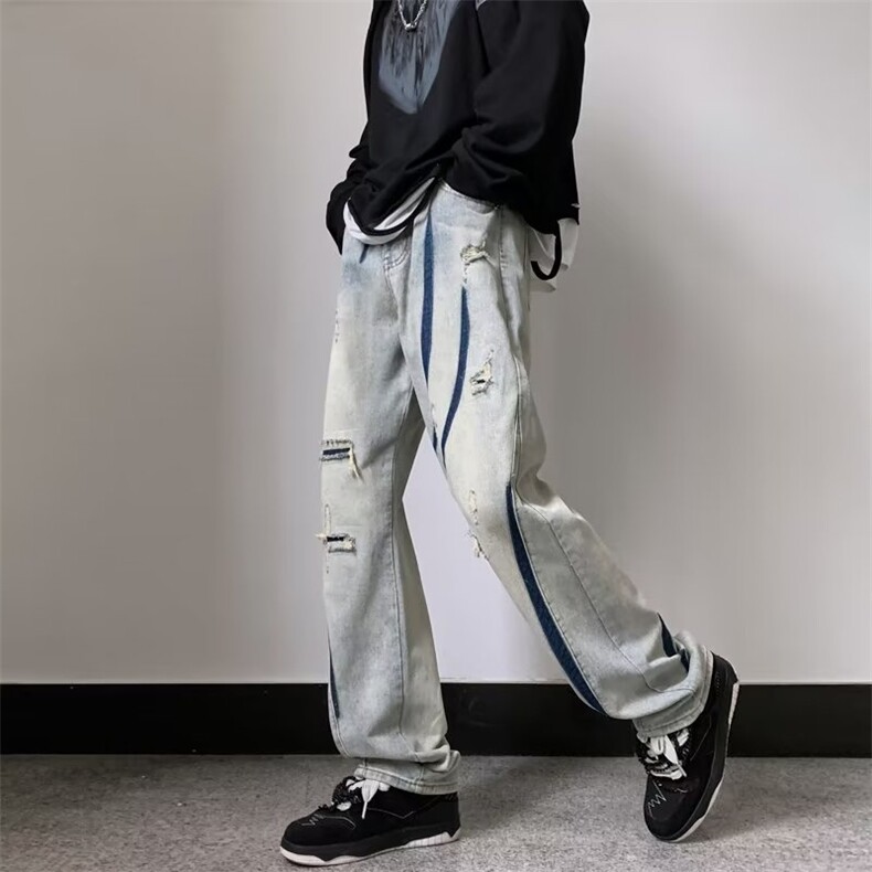 美式牛仔裤男春秋新款休闲直筒裤破洞补丁牛仔裤N239P43,男装牛仔裤,星座1116-2