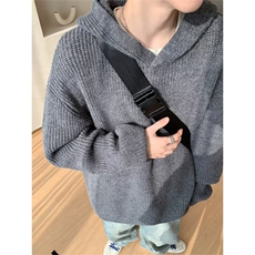 灰色毛衣男款冬季美式复古连帽针织衫高级感痞帅卫衣外套U84，男装针织衫/毛衣，星座506