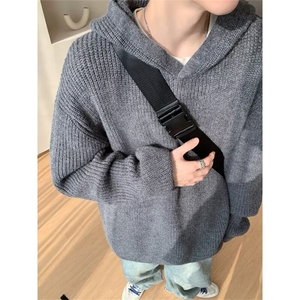 灰色毛衣男款冬季美式复古连帽针织衫高级感痞帅卫衣外套U84图片
