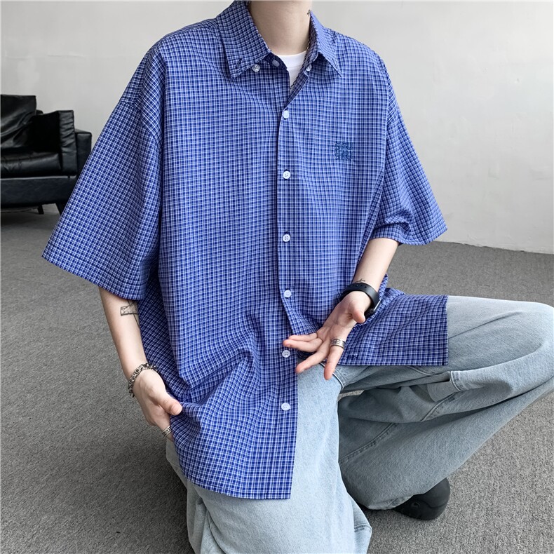 2026夏季美式复古宽松格子短袖衬衫男女休闲百搭衬衣外套C100-P38图片