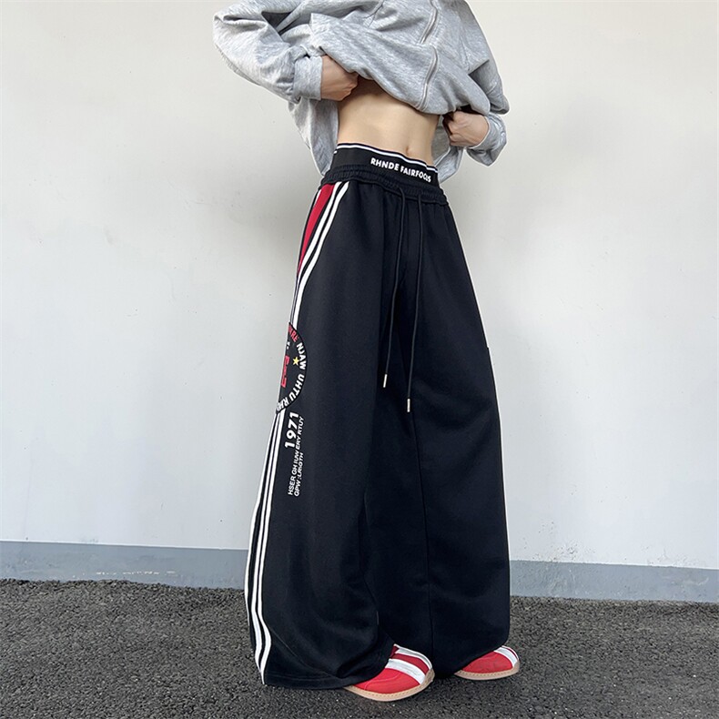 美式双腰头字母印花男女卫裤宽松休闲侧条纹阔腿抽绳裤K0862-P53,男装休闲裤,星座308B-2