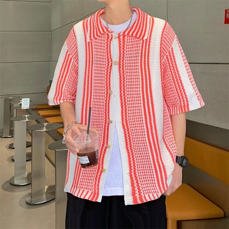 夏季条纹针织时尚格子短袖衬衫开衫舒适透气C109p38,男装衬衫,星座1013