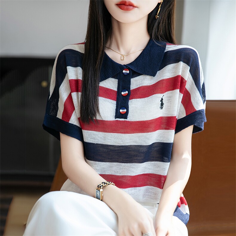 2025新款条纹冰丝针织衫女洋气减龄百搭polo领上衣短袖薄款T恤潮,女装T恤,菲奥羊绒
