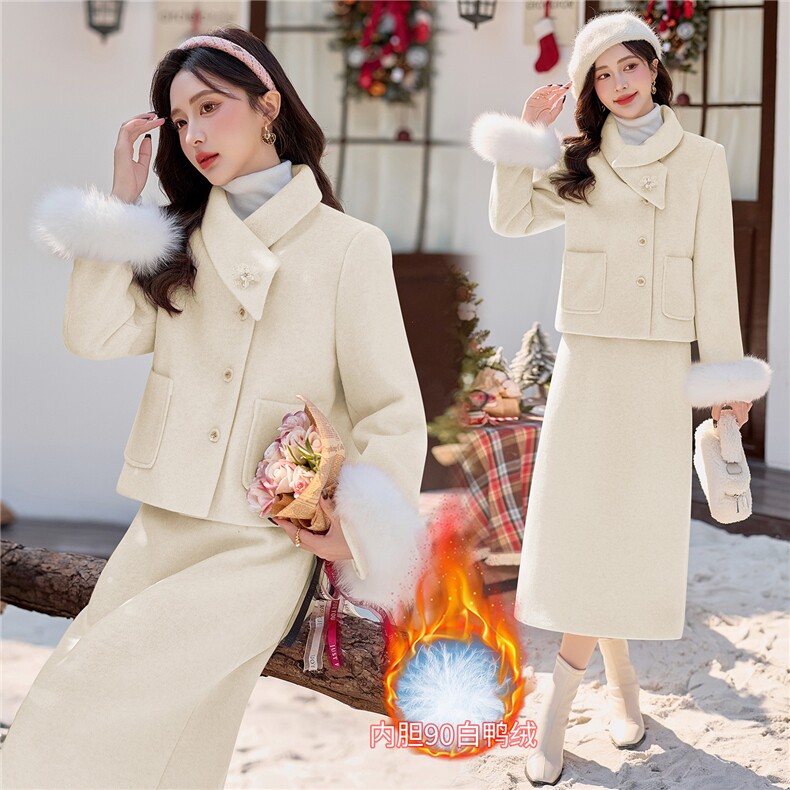 法式小香风羽绒套装女2025年冬季新款轻奢淑女高级感半身裙两件套，女装套装/套裙，小九月