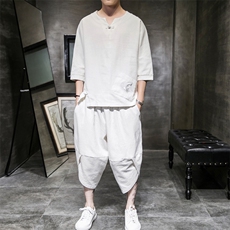 W57P75室内风2024春夏装新款亚麻风大口袋七分套装盘扣刺绣，男装T恤，电商A026