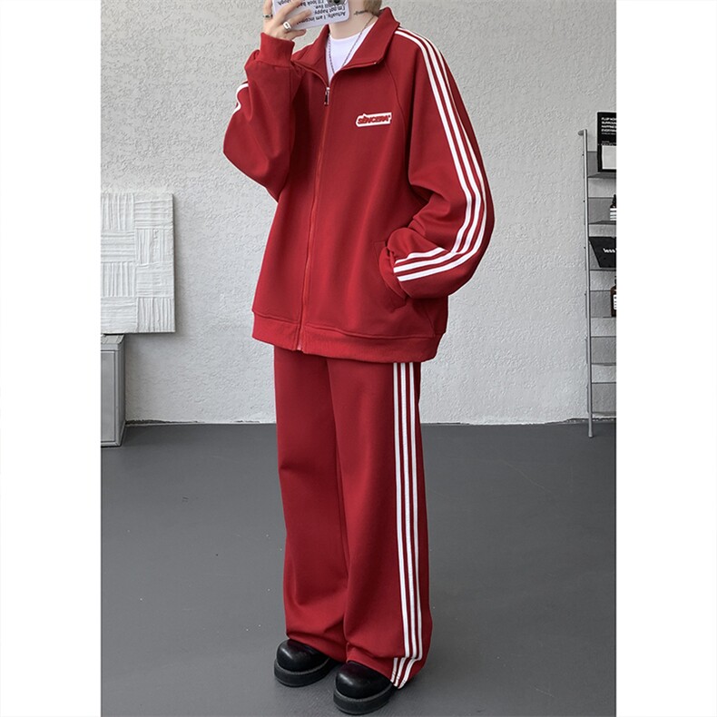 8XL-M条纹撞色开衫新年红卫衣运动套装潮牌运动服校园风TZ114P118,男装休闲套装,电商D206-1