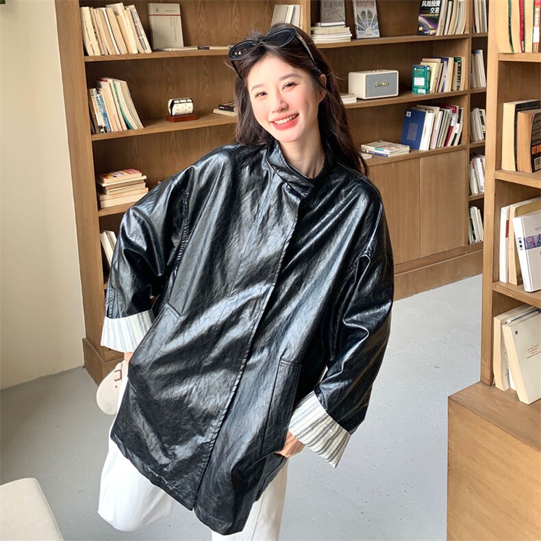 蕾丝拼接黑色皮衣外套女2025春季新款复古设计感甜酷风机车服夹克,女装皮衣,2D143