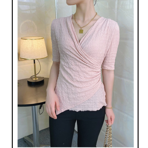 蕾丝衫T恤打底衫女短袖2021春夏V领交叉上衣不规则上衣女潮，女装蕾丝衫/雪纺衫，潮品会