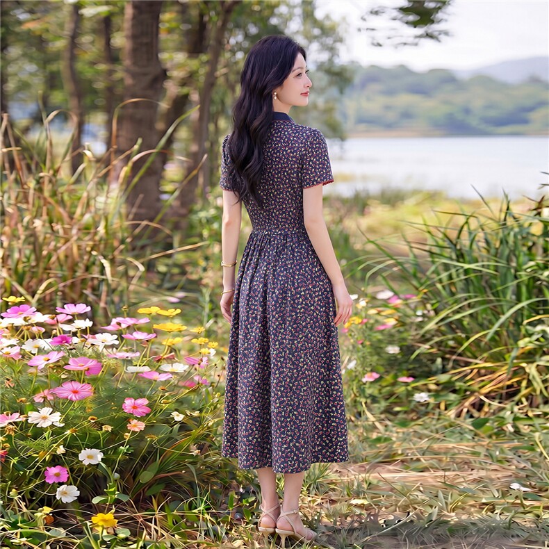 田园风碎花刺绣连衣裙女春夏收腰显瘦中长裙,女装连衣裙,水衣源