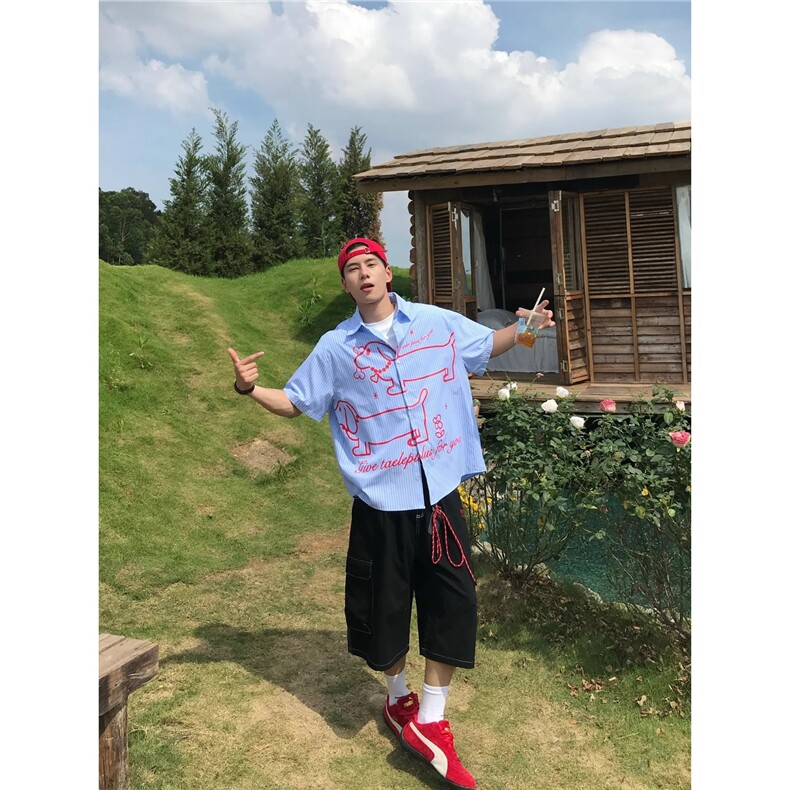 美式潮牌趣味腊肠狗印花短袖衬衫条纹蓝色宽松休闲衬衣男,男装T恤,星座1210-1