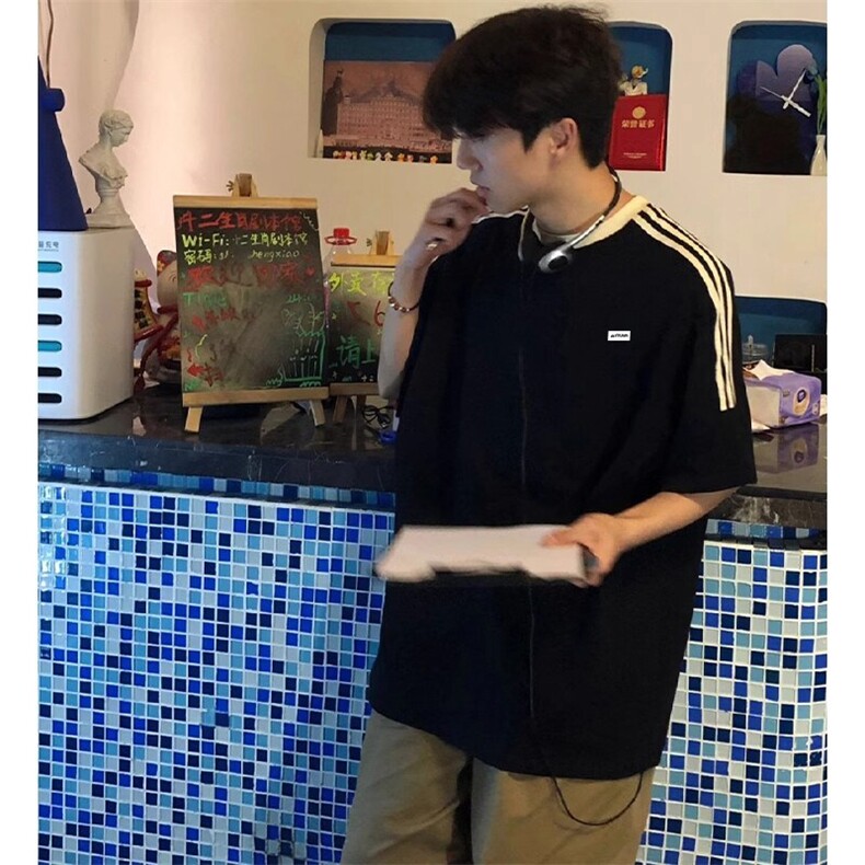 抖音得物品质夏季美式高街纯棉三条杠织带男女短袖T恤ZD588特25,男装T恤,电商A486-1