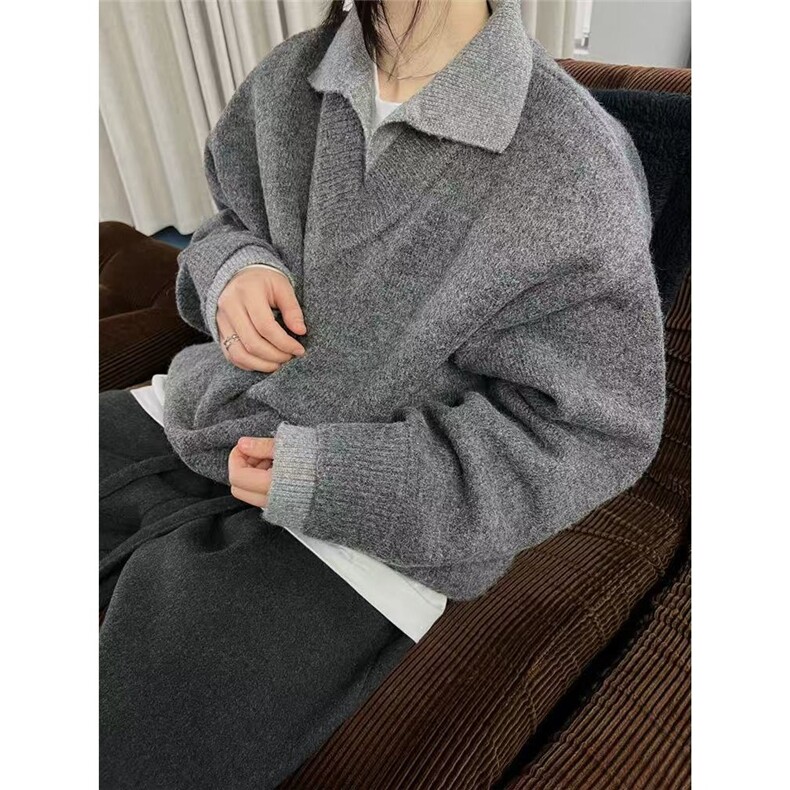 美式复古假两件v领毛衣男女冬季翻领老钱风针织衫上衣慵懒风外套,男装针织衫/毛衣,星座601-1