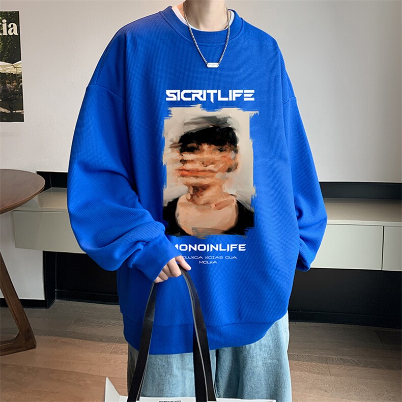 华夫格卫衣圆领卫衣男大码长袖t恤男外套HW76213-P30加绒款-P40,男装卫衣,电商A040