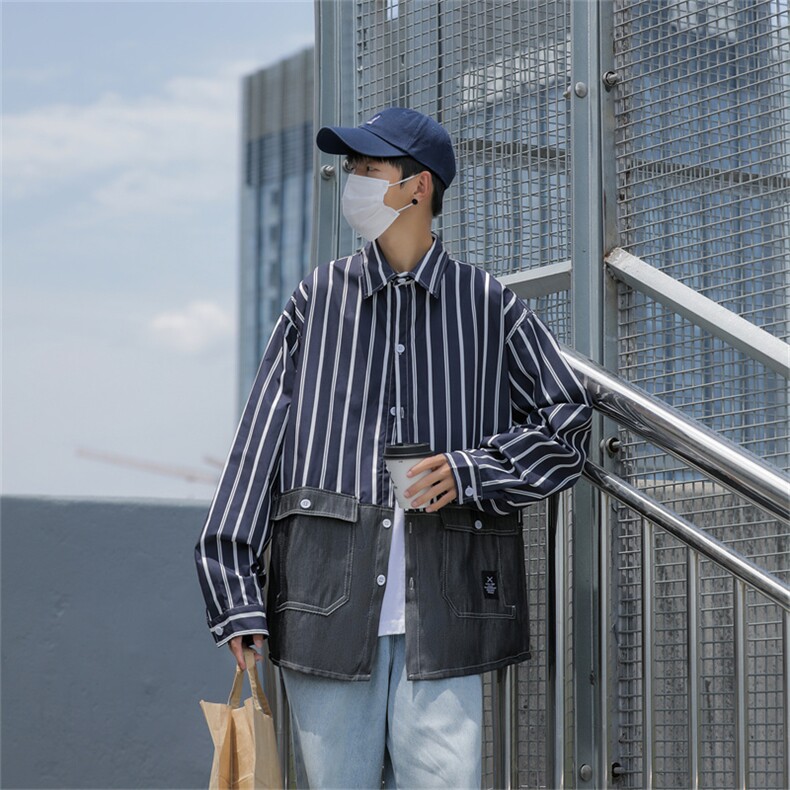 2024秋装新款做旧长袖衬衫男条纹宽松休闲衬衣多口袋C208P45,男装衬衫,电商C323