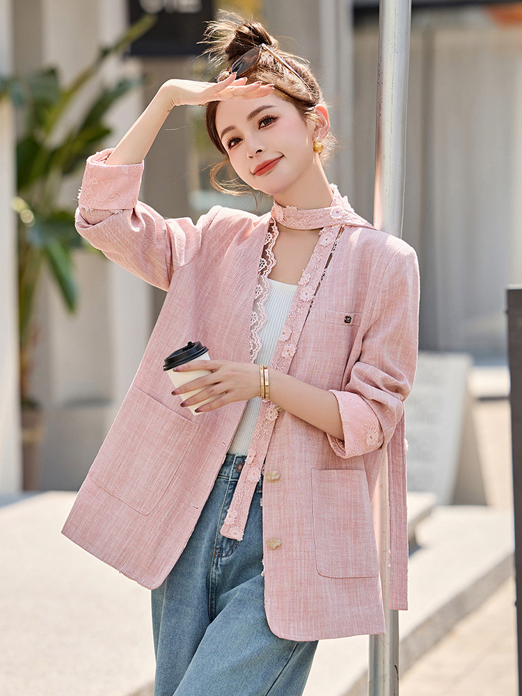 蕾丝花边粉色西装外套女2025春季新款高级感洋气百搭休闲宽松上衣,女装短外套,依如秀(原杭风阁)