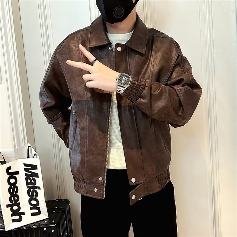 L1-P67潮牌痞帅皮衣外套男春秋款潮流休闲皮夹克2025新款高级感,男装夹克,电商B323A
