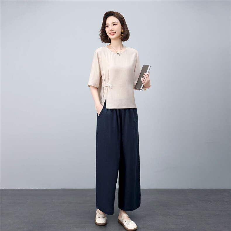 高端天丝麻上衣亚麻裤子2025夏装新款古风小衫两件套,女装套装/套裙,凝聚力