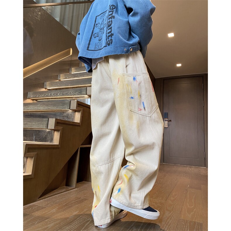 2025秋季新款潮流彩绘宽松弯刀阔腿牛仔裤B315-K24326-p65控88,男装牛仔裤,电商B315