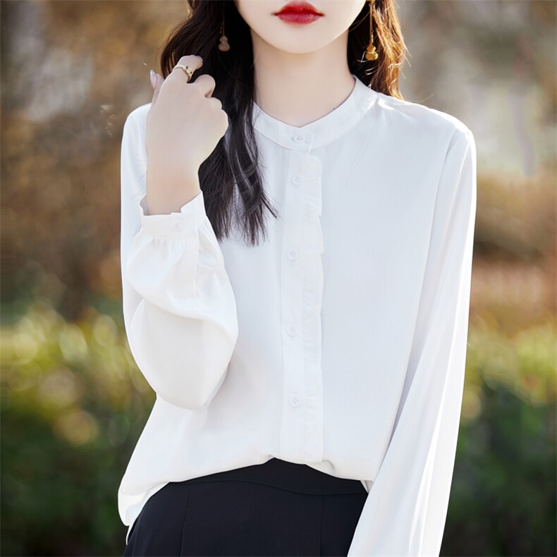 2025春季木耳边圆领衬衫女长袖缎面醋酸仿真丝长袖短款衬衣开衫女，女装衬衫，臻维羊绒