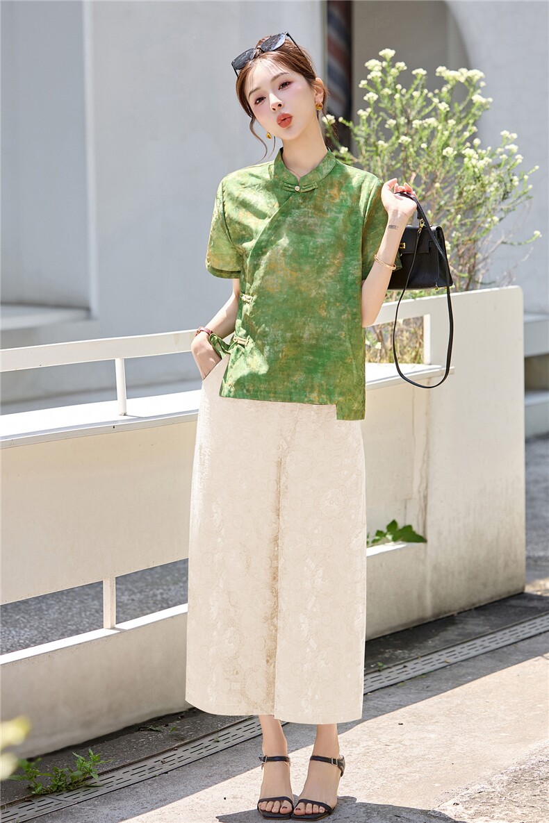 长期有货2026夏装新款时尚两件套装女提花新中式衬衫T阔腿腿裤女,女装套装/套裙,璐依舞