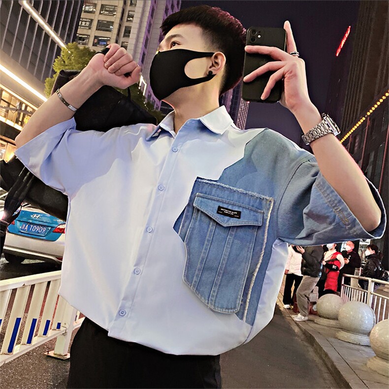 S19/P48控68夏季社会小伙设计感拼接镂空牛仔短袖衬衫男浅蓝首3,男装衬衫,星座305B