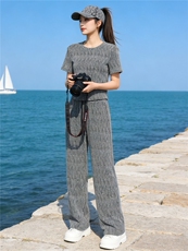 潮流时尚气质套装女夏季新款欧货重工慵懒风灰色短袖阔腿裤两件套，女装套装/套裙，江南