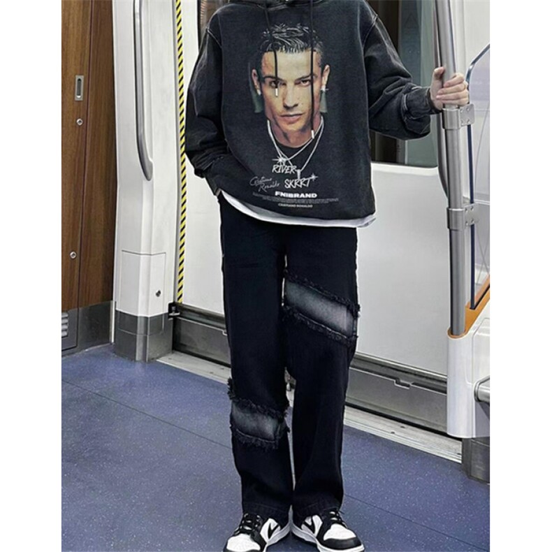 欧美高街vibe裤子男秋冬季流苏拼接牛仔裤直筒休闲裤N8150,男装休闲裤,星座1116A（原606A-3）