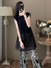 设计感小众时尚气质套装女夏圆领网纱拼接无袖上衣碎花长裤两件套，女装套装/套裙，江南