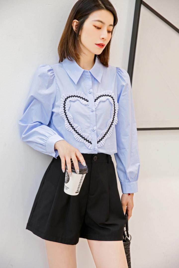 春季韩风百搭优雅木耳边丝带心形衬衫，女装衬衫，林依芭莎(1F)
