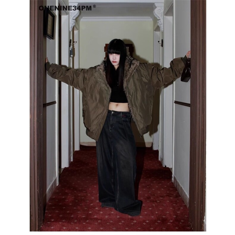 M78-P91 冬季日系复古美拉德咖啡色竖条纹棉衣外套男女中性风图片