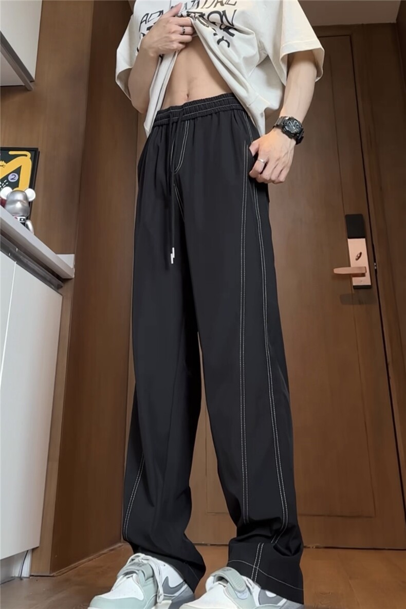 黑色垂感阔腿裤夏季薄款凉感冰丝裤子男设计感弯刀裤310A-510-P20,男装休闲裤,四季星座310A