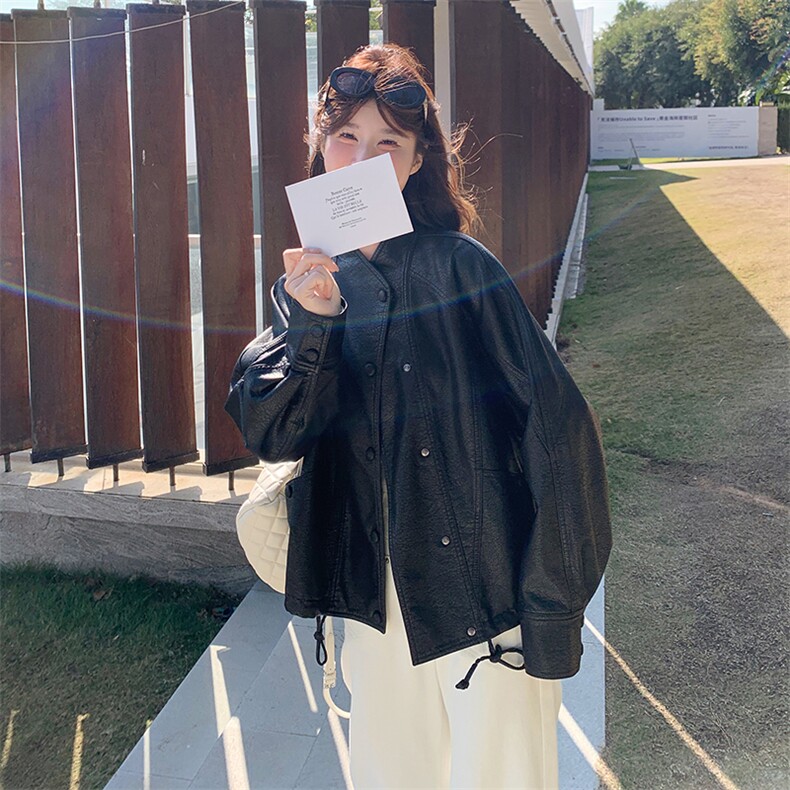 高级感黑色皮衣外套女2025年秋季新款复古设计感宽松短款夹克上衣图片