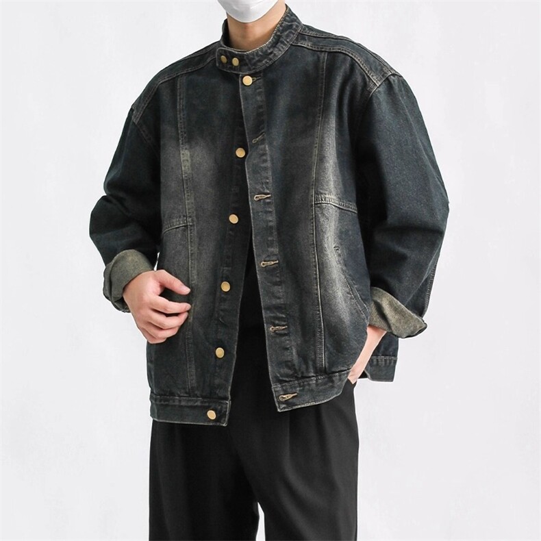 GC0680-P62网图秋季日式水洗立领牛仔夹克男士单排扣休闲宽松夹克,男装工装外套,电商C233