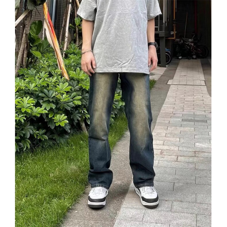24年复古蓝水洗牛仔裤男士痞帅韩版春秋季宽松水洗直筒阔腿拖地裤图片