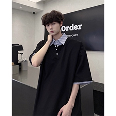 8XL-M假两件衬衫领短袖T恤大码夏季条纹拼接polo衫半袖DX1211/P45，男装Polo衫，电商B238