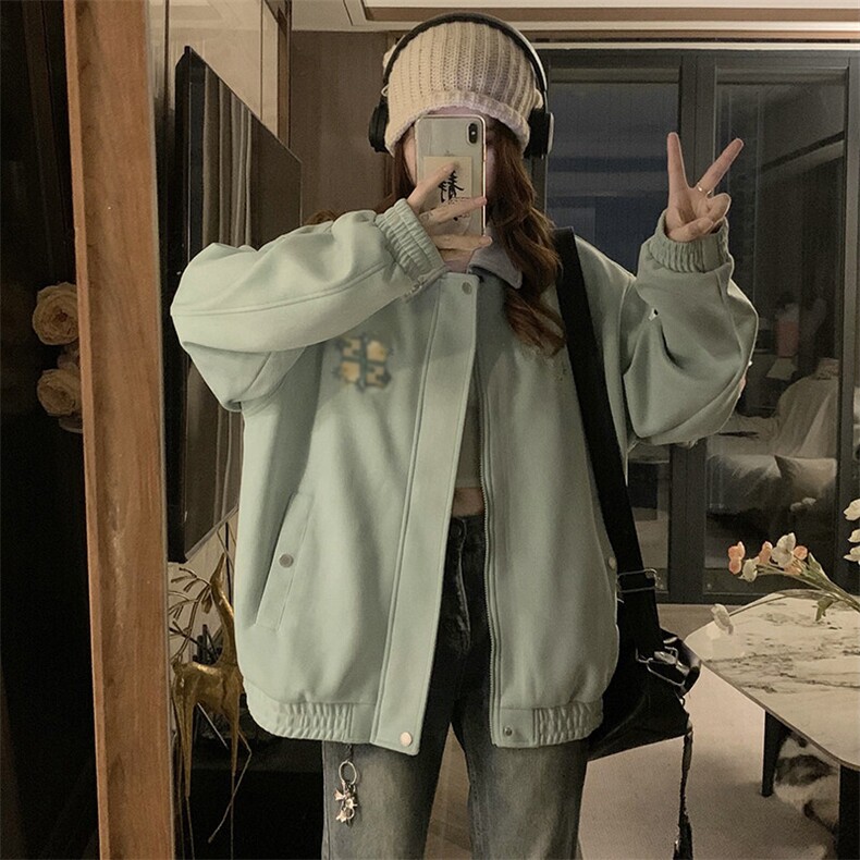 C967-P110 美式复古翻领开衫外套女春季2025新款高街潮棒球服图片