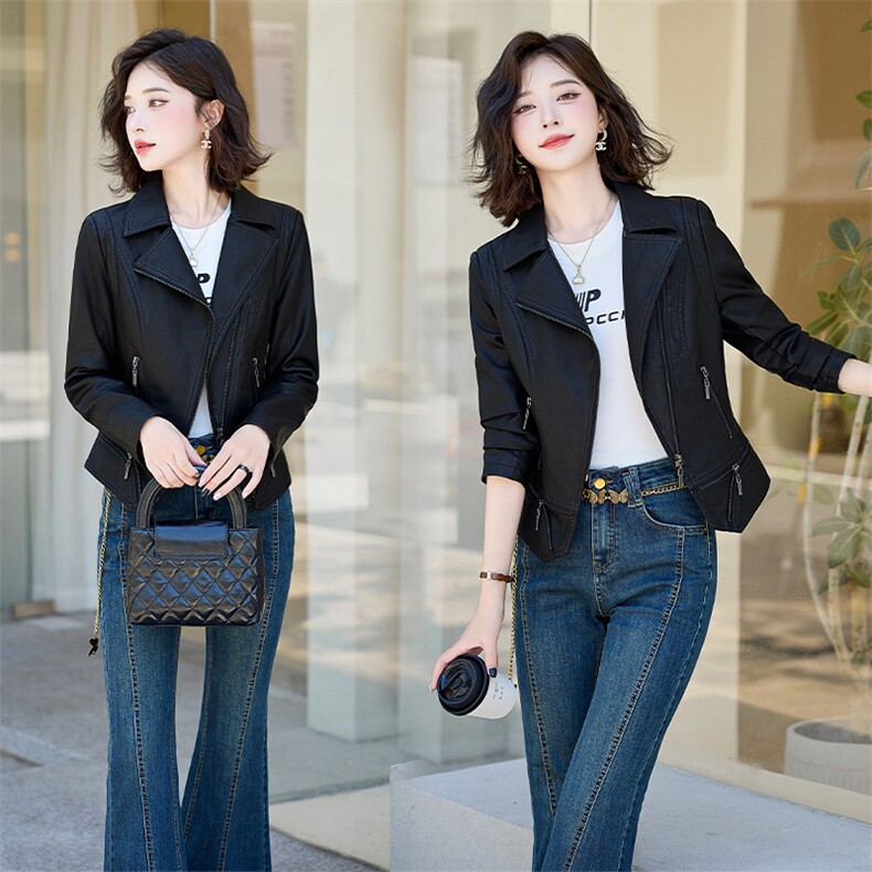 黑色皮衣外套女春秋季小个子短款pu上衣高级感炸街酷飒风穿搭，女装皮衣，江南女神