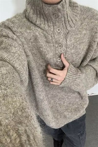 老钱风半高领毛衣男重磅800g高级感慵懒纽扣针织衫外套-A2329TP68图片