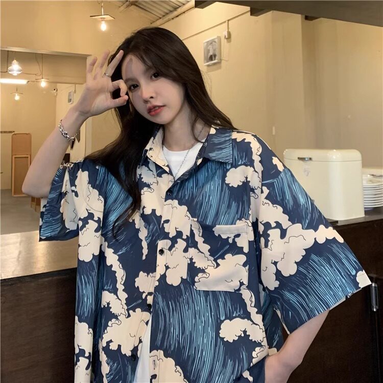 复古港味宽松印花短袖衬衫女夏季ins潮流沙滩衬衣百搭休闲上衣服,男装T恤,星座506A